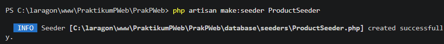 Output pembuatan ProductSeeder